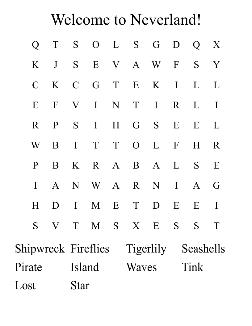 Welcome to Neverland! Word Search