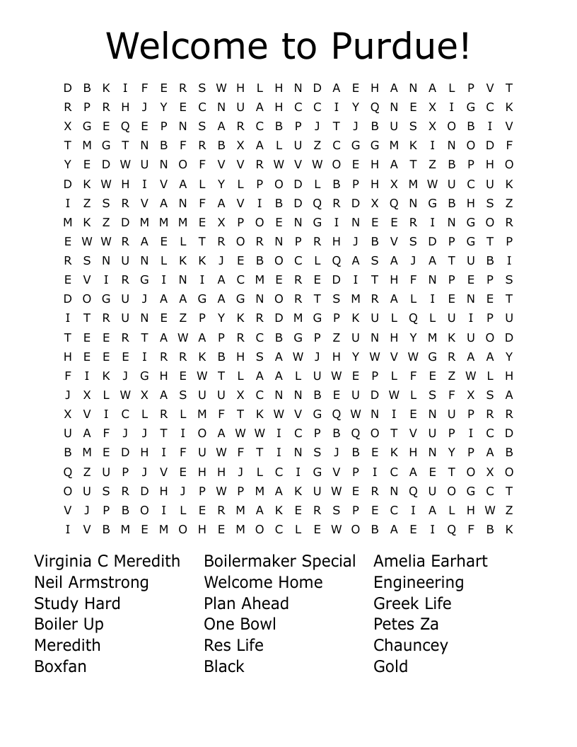 Welcome to Purdue! Word Search