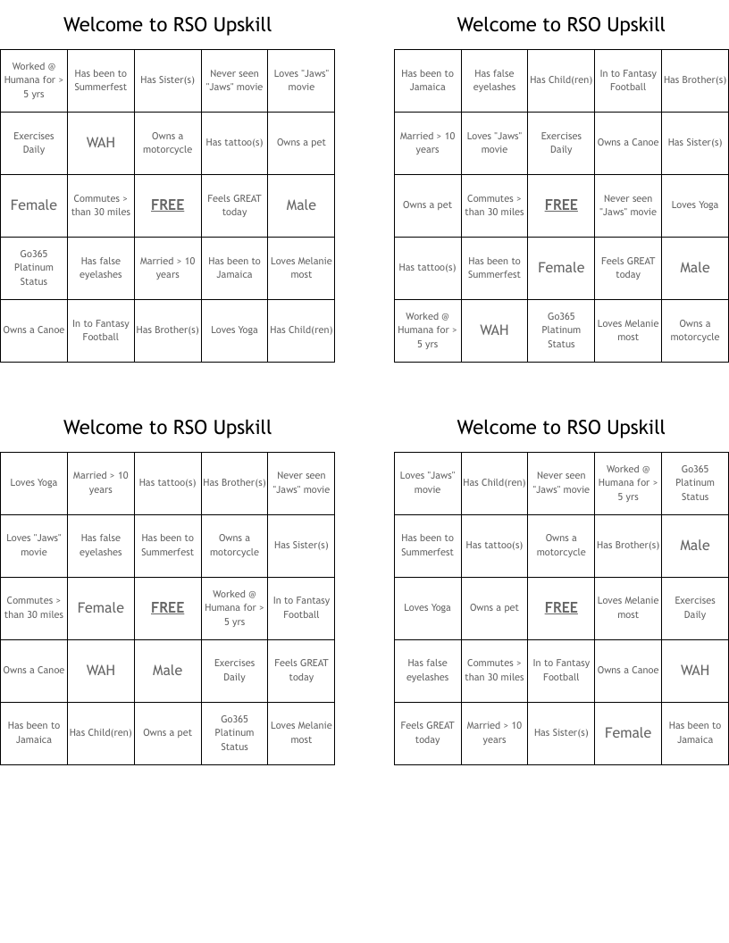 Welcome to RSO Upskill Bingo Cards