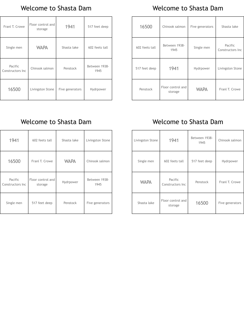 Welcome to Shasta Dam Bingo Cards