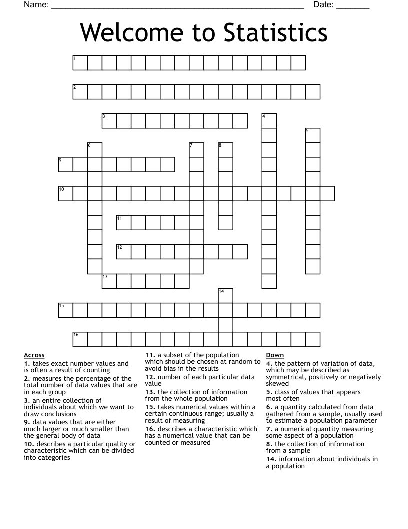 Welcome to Statistics Crossword