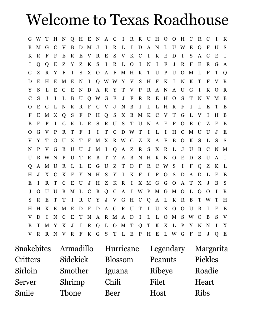 Welcome to Texas Roadhouse Word Search