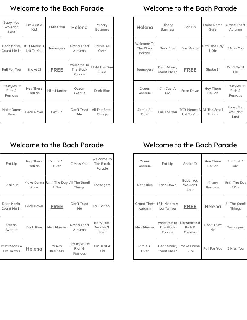 Welcome to the Bach Parade Bingo Cards