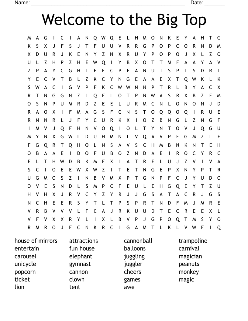 Welcome to the Big Top Word Search