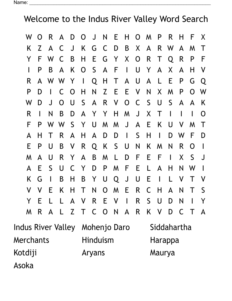 Welcome to the Indus River Valley Word Search