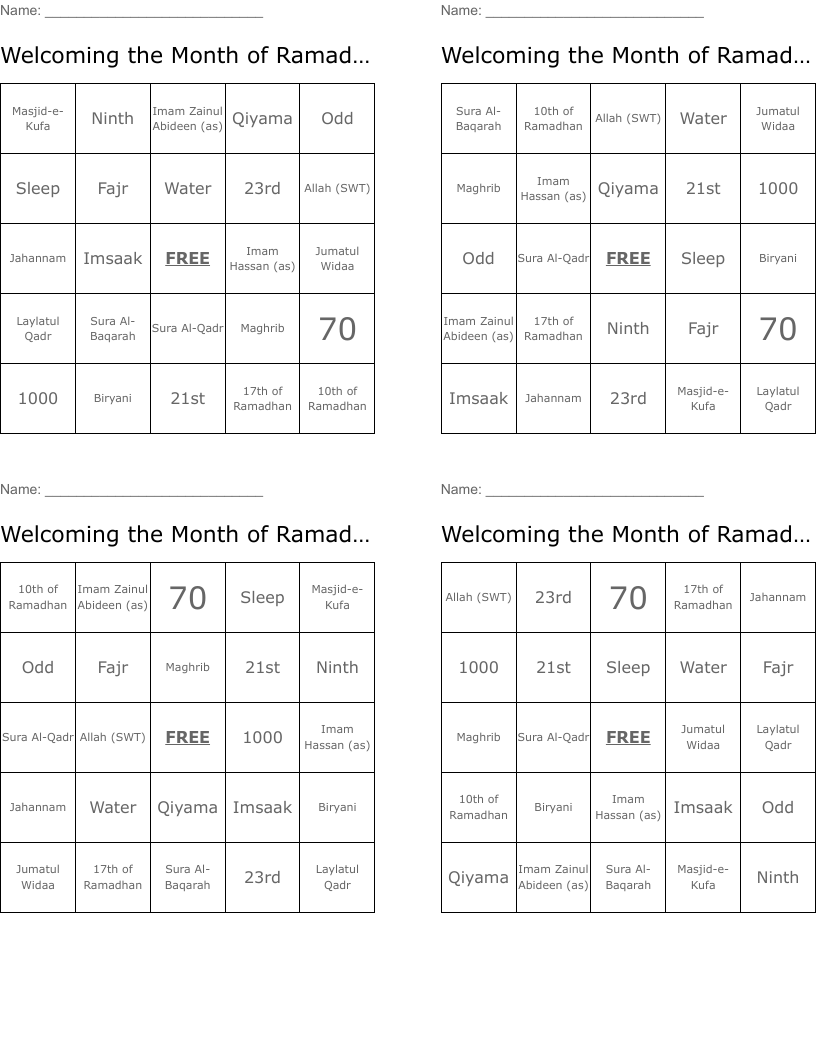 Welcoming the Month of Ramadhan Bingo Cards