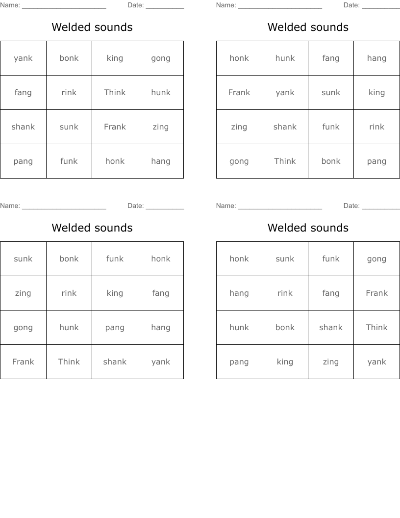 Welded sounds Bingo Cards