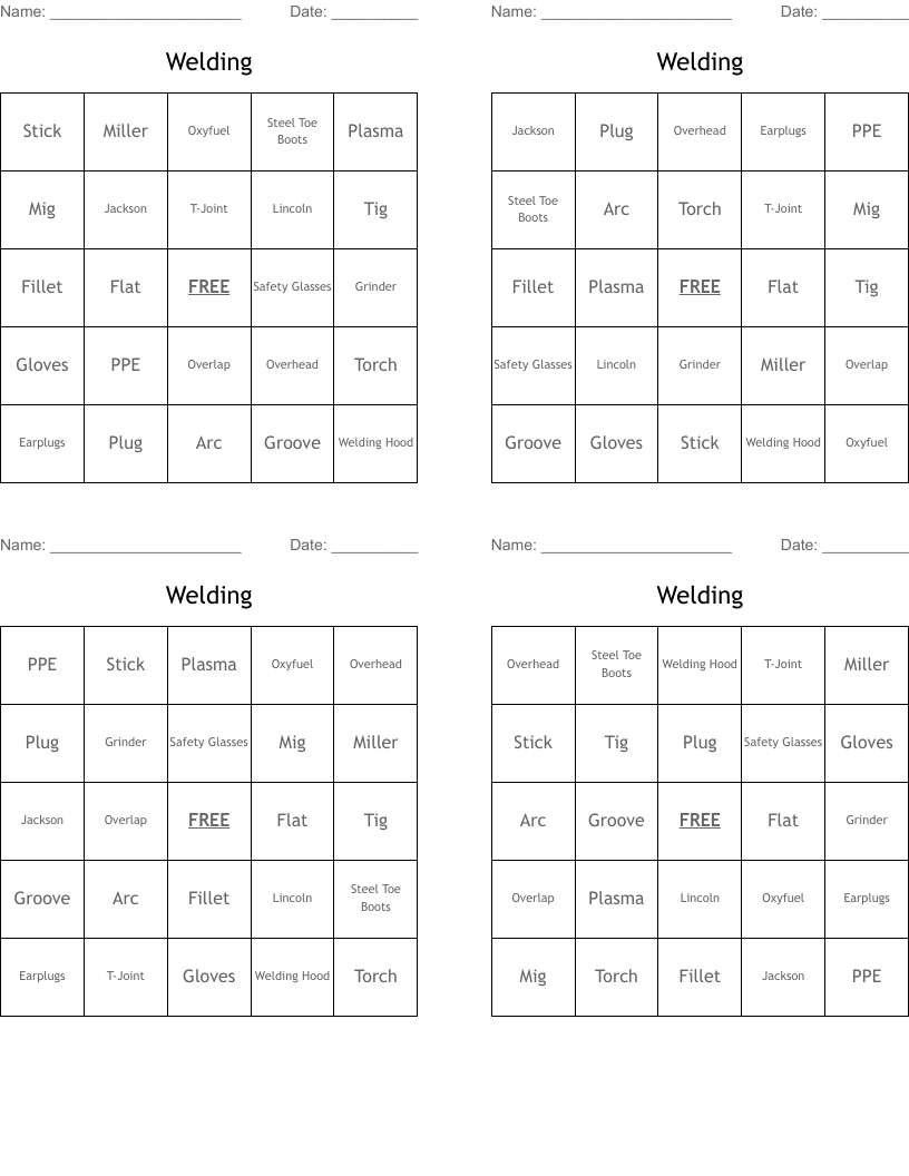 Welding  Bingo Cards