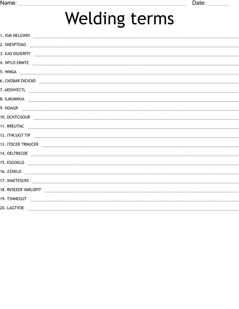 Welding terms  Word Scramble