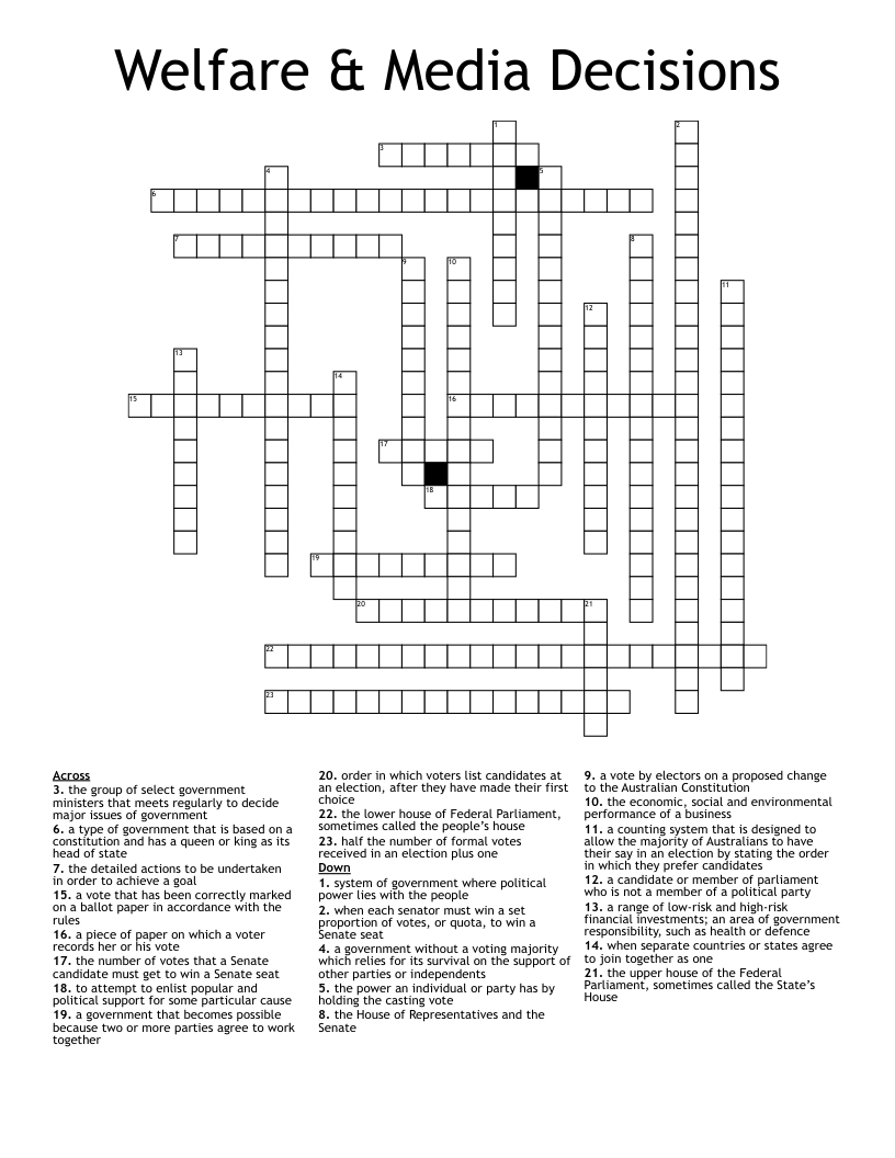Welfare & Media Decisions Crossword