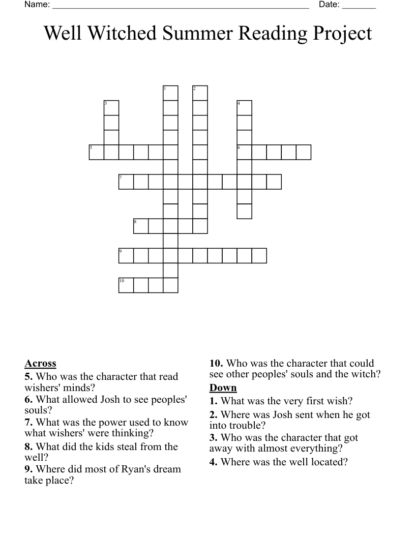 Well Witched Summer Reading Project Crossword