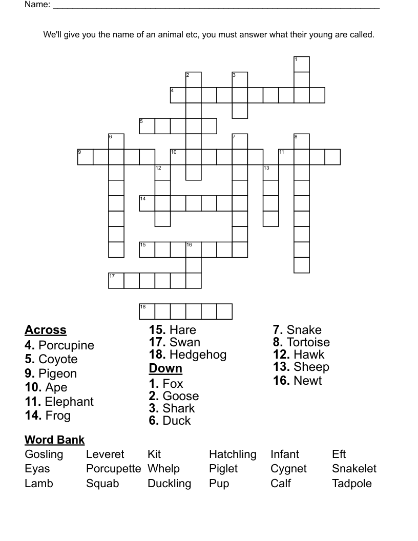 We'll give you the name of an animal etc, you must answer what their young are called. Crossword