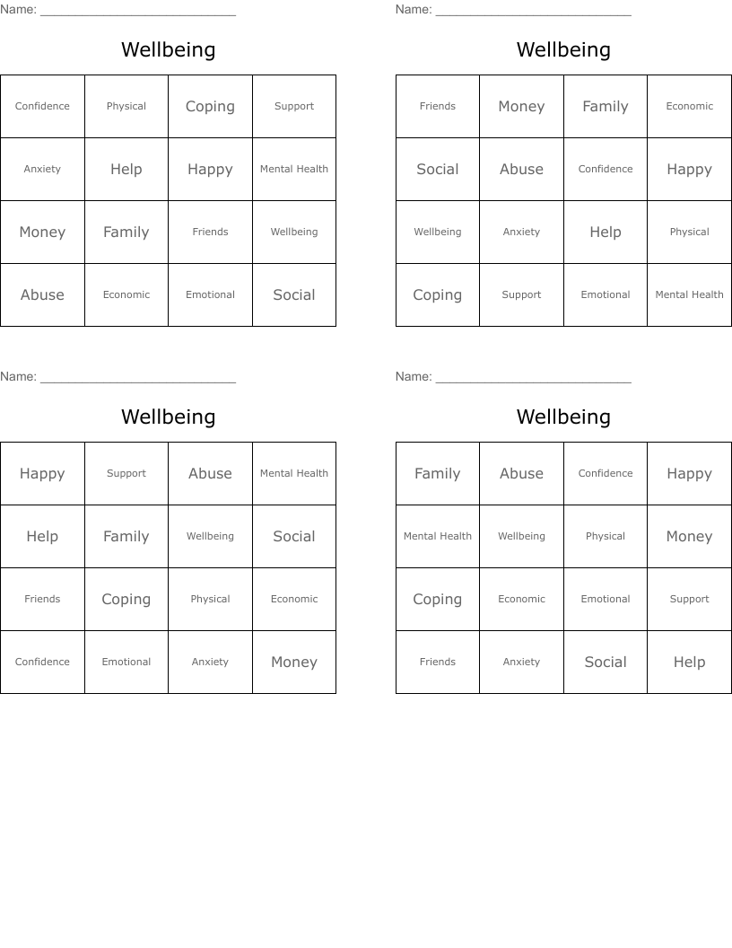 Wellbeing Bingo Cards