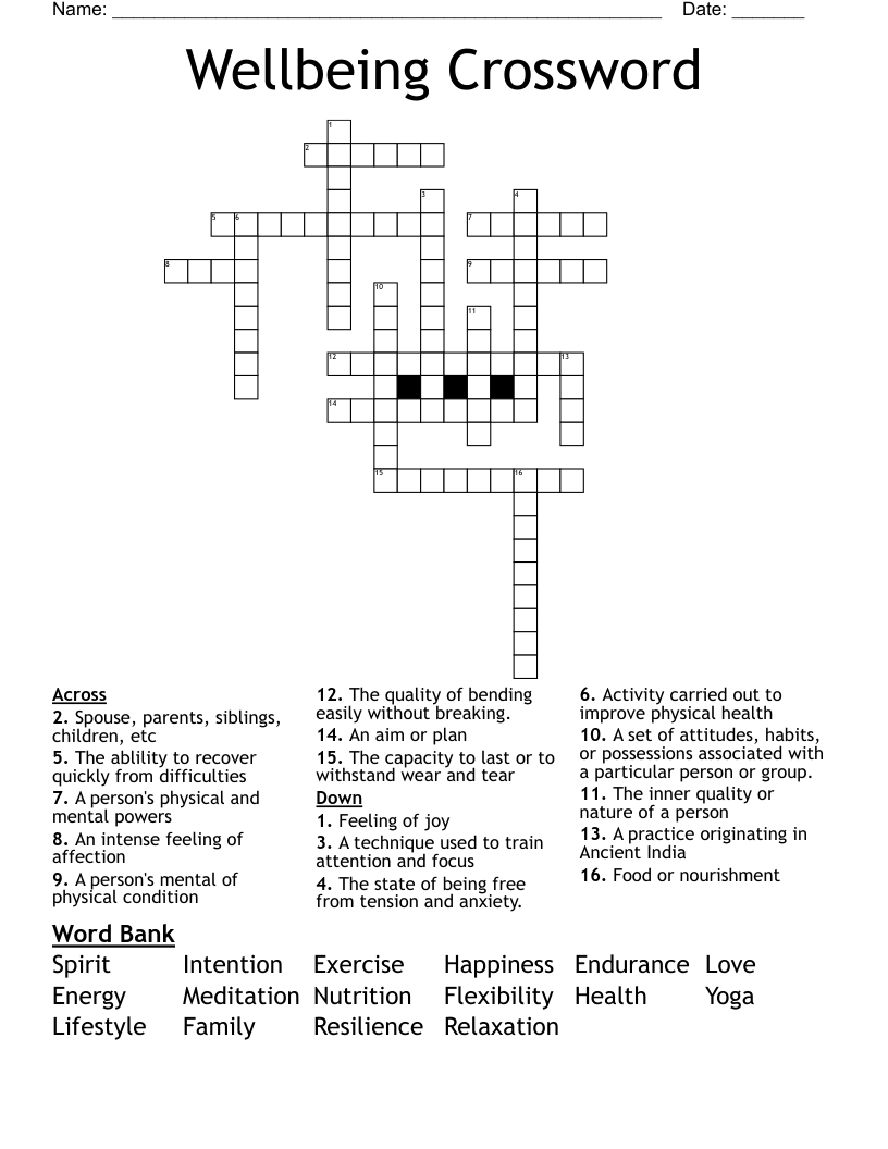 Wellbeing Crossword