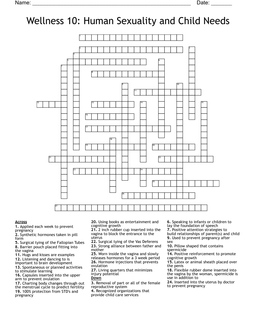 Wellness 10: Human Sexuality and Child Needs Crossword