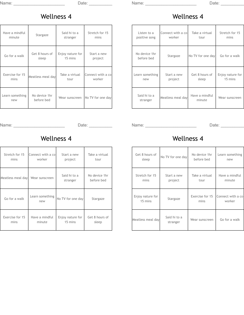 Wellness 4 Bingo Cards