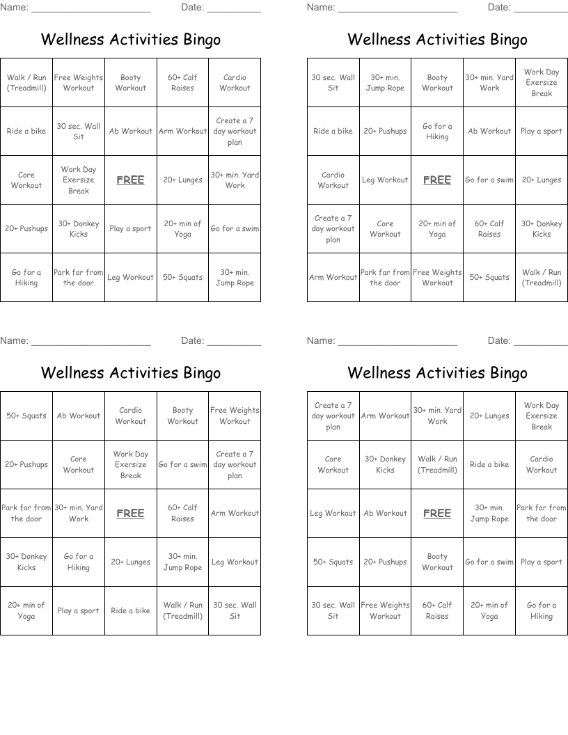 Wellness Activities Bingo