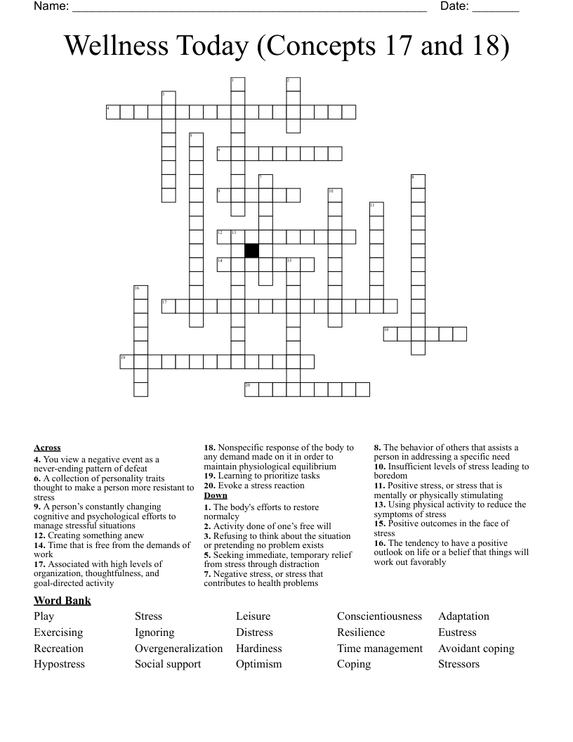 Wellness Today (Concepts 17 and 18)  Crossword