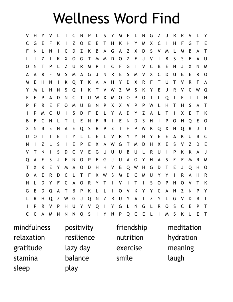 Wellness Word Find Word Search