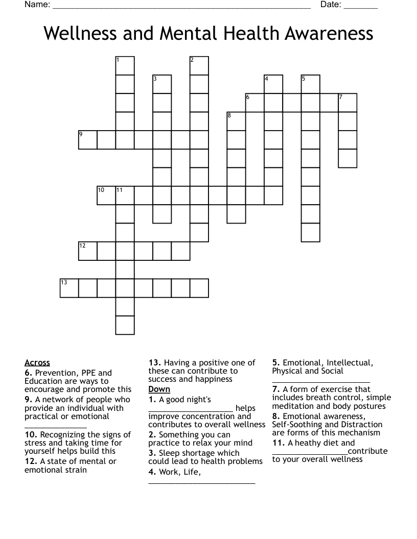 Wellness and Mental Health Awareness Crossword