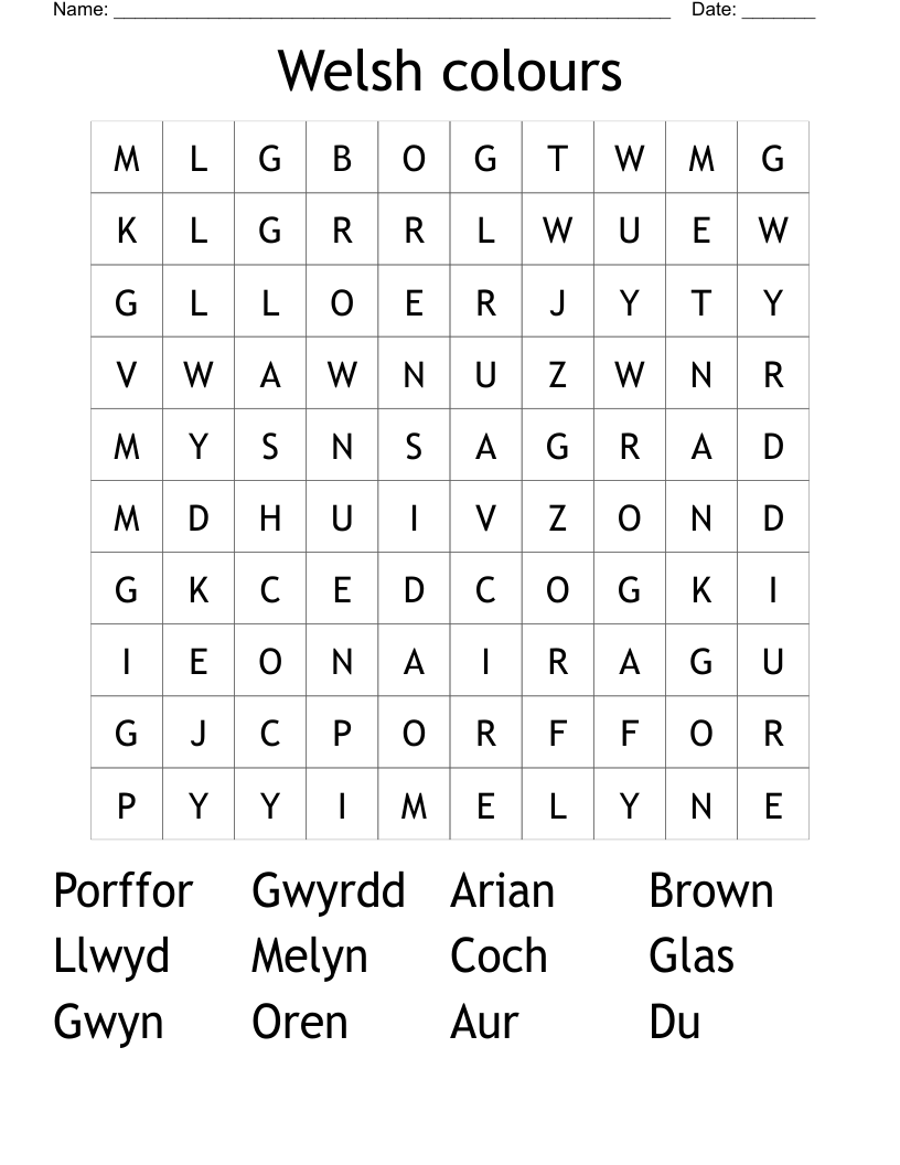 Welsh colours Word Search