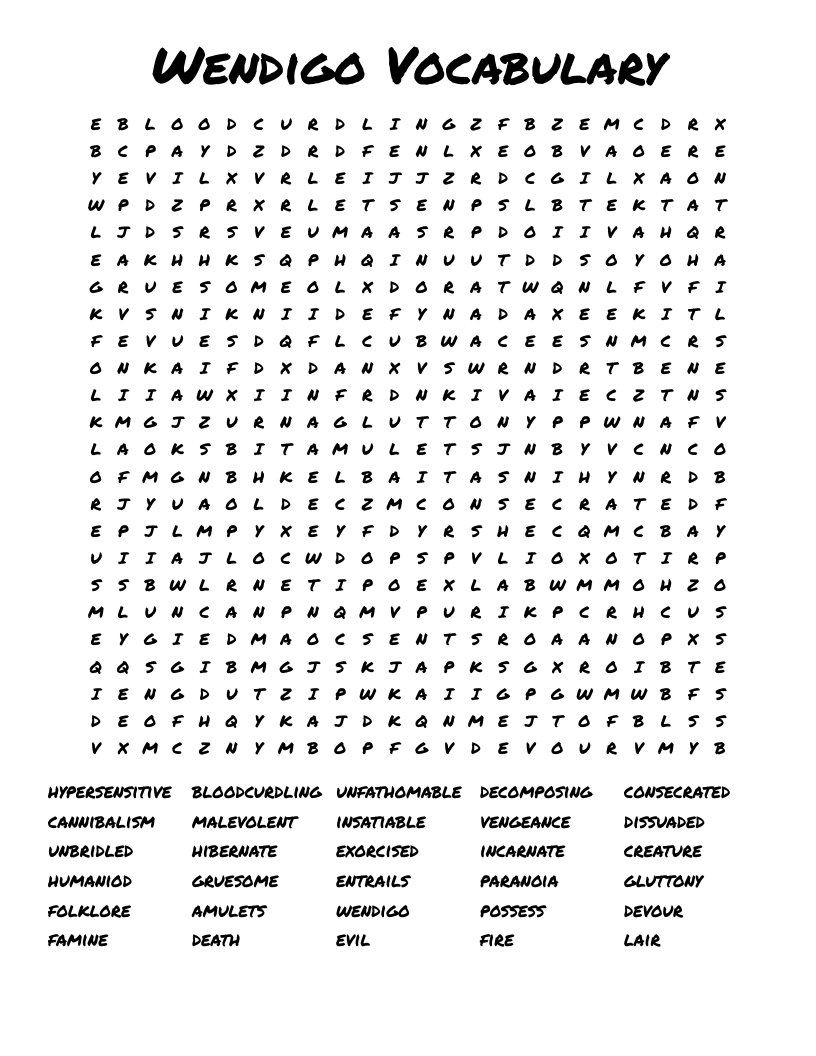 Wendigo Vocabulary Word Search
