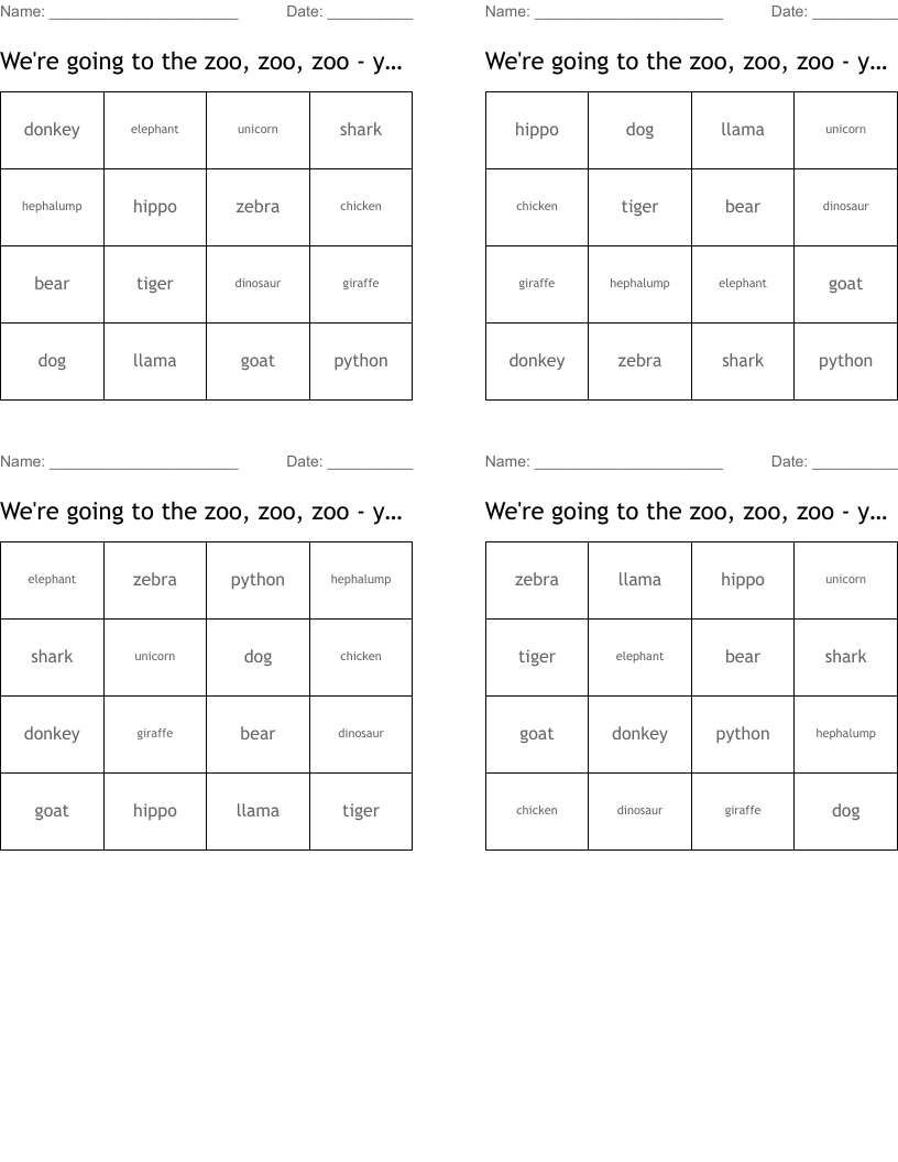 We're going to the zoo, zoo, zoo - you can play too, too too Bingo Cards
