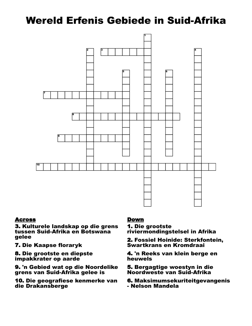 Wereld Erfenis Gebiede in Suid-Afrika Crossword
