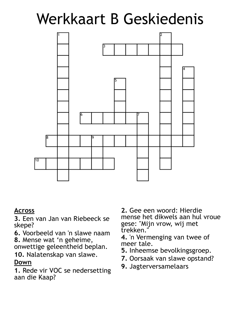 Werkkaart B Geskiedenis Crossword