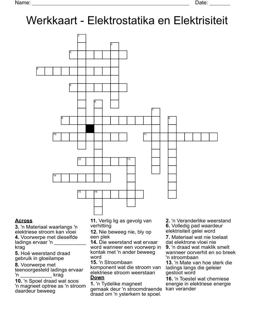 Werkkaart - Elektrostatika en Elektrisiteit Crossword