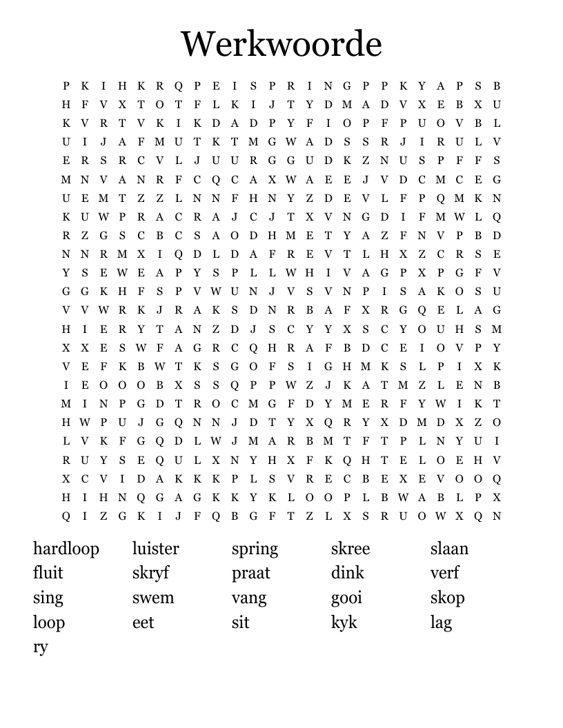 Werkwoorde Word Search