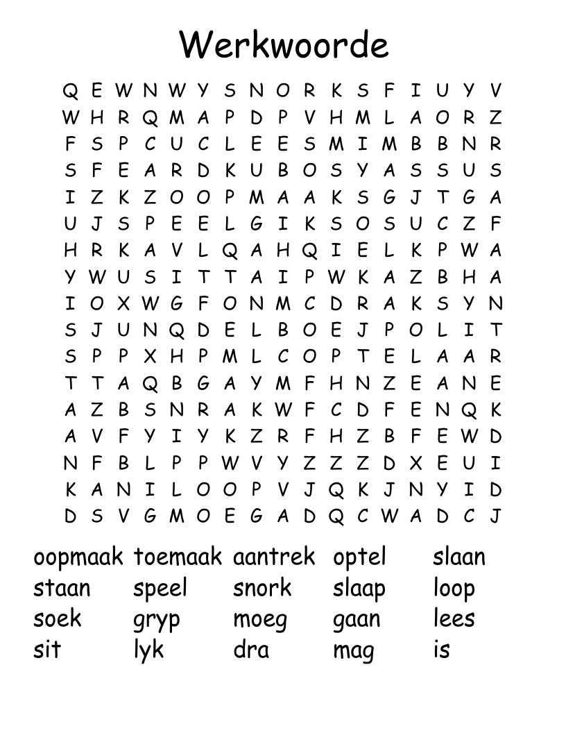 Werkwoorde Word Search