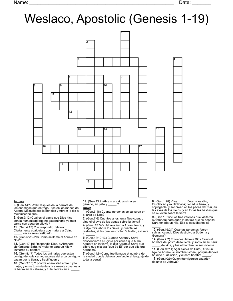 Weslaco, Apostolic (Genesis 1-19) Crossword