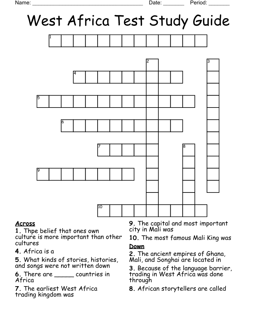 West Africa Test Study Guide Crossword