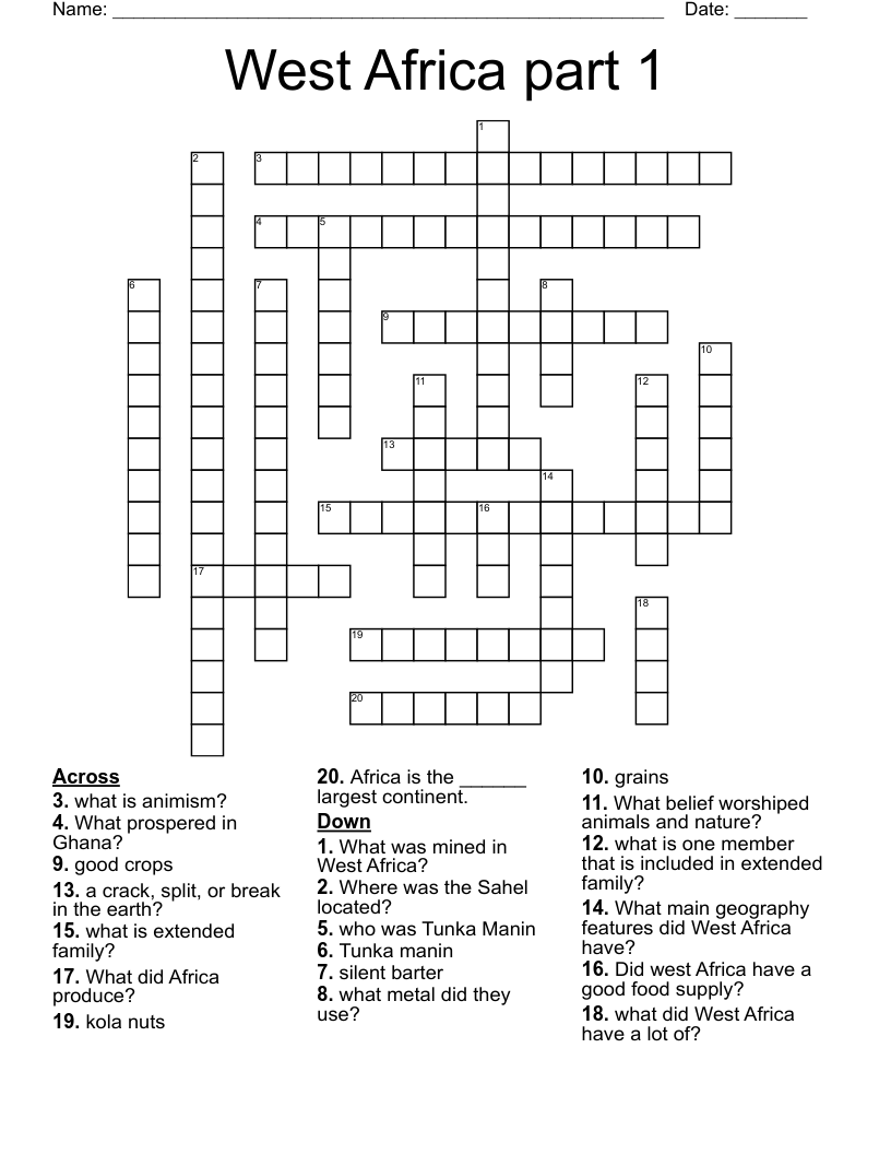 West Africa part 1 Crossword