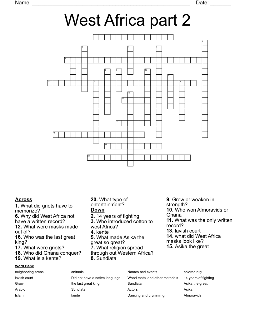 West Africa part 2 Crossword
