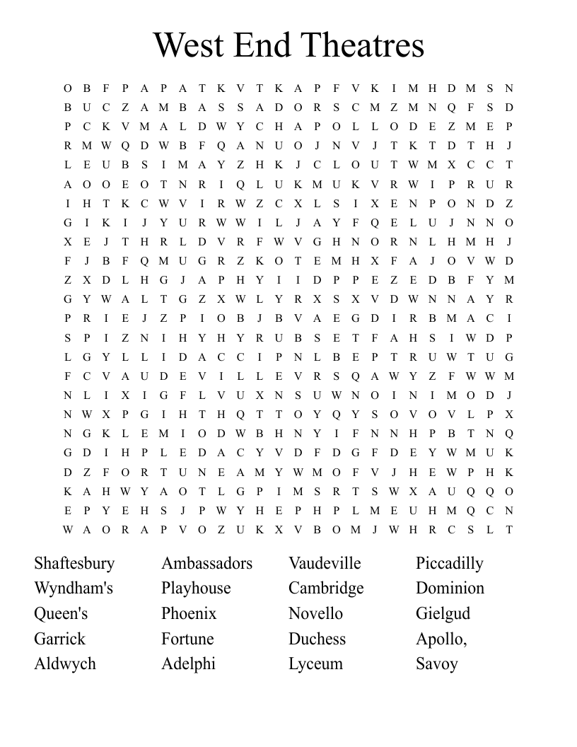 West End Theatres Word Search