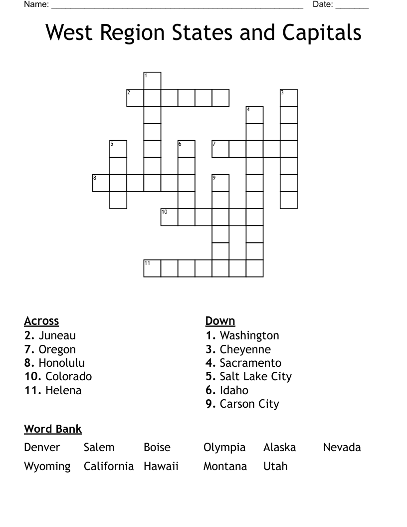 West Region States and Capitals  Crossword