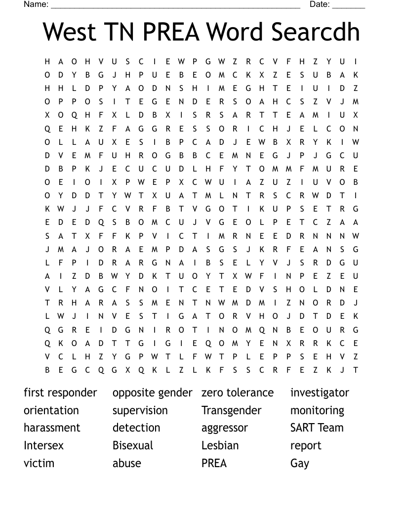 West TN PREA Word Searcdh Word Search