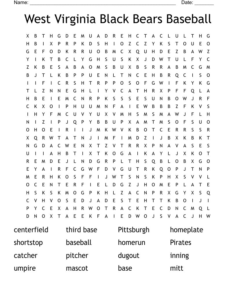 West Virginia Black Bears Baseball Word Search