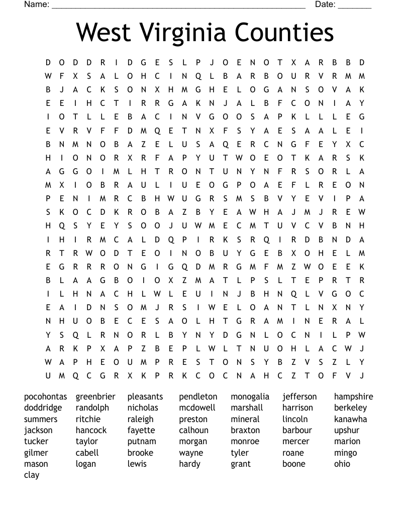 West Virginia Counties Word Search