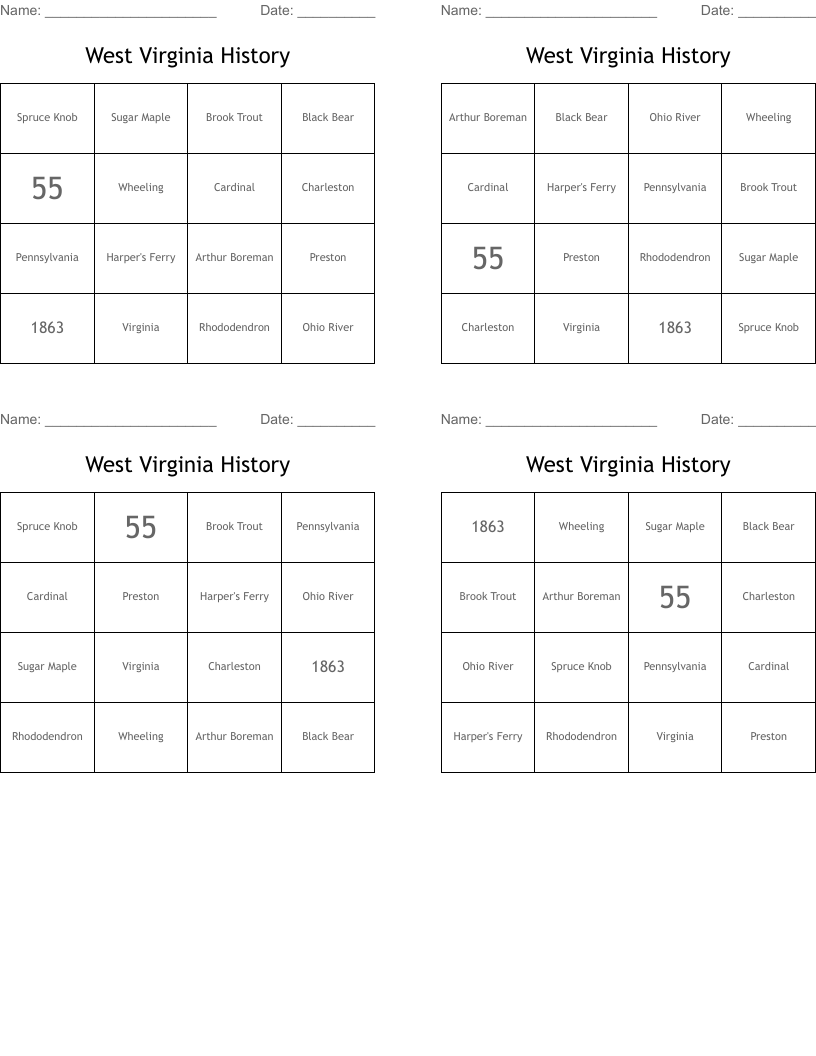 West Virginia History Bingo Cards