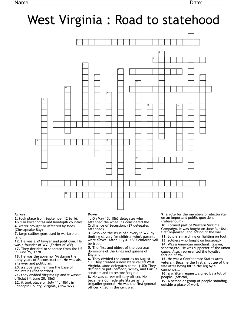 West Virginia : Road to statehood  Crossword