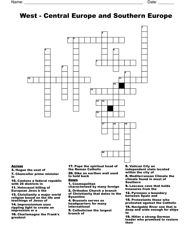 West - Central Europe and Southern Europe Crossword