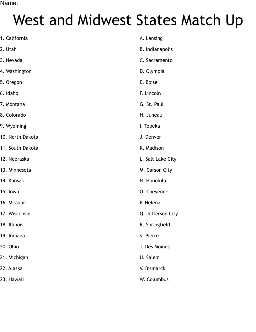 West and Midwest States Match Up Worksheet