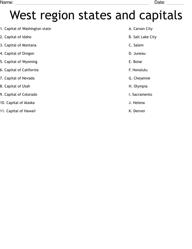 West region states and capitals Worksheet