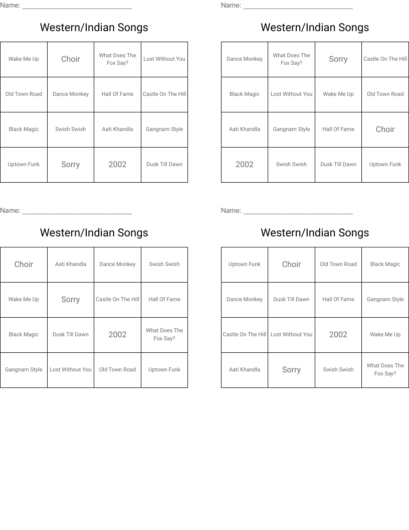 Western/Indian Songs Bingo Cards