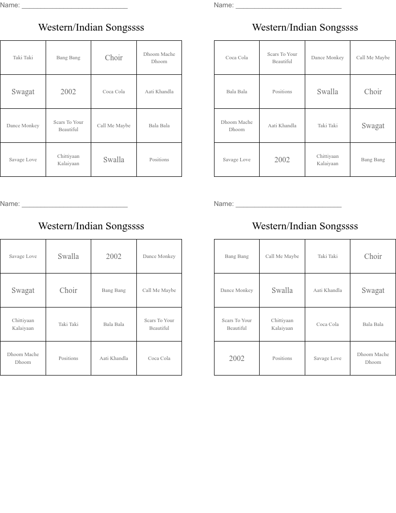 Western/Indian Songssss Bingo Cards