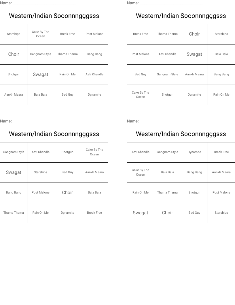 Western/Indian Sooonnngggsss Bingo Cards