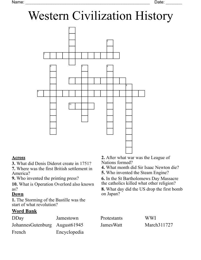 Western Civilization History Crossword